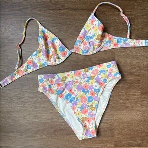 BILLABONG FLORAL PINK, BROWN, CREAM MAUI HIGHRIDER UNDERWIRE TOP BIKINI MED